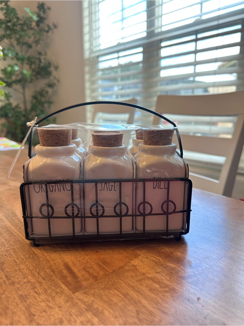 Rae Dunn White Ceramic Herb Jars with Black Wire Carrier